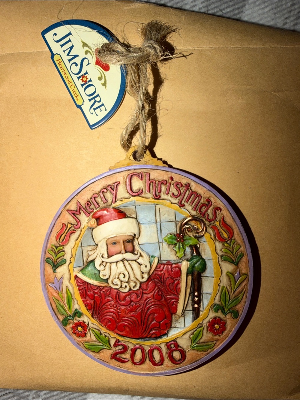 NWT- Jim Shore Red and Cream Santa "Merry Christmas" Hanging Ornament- 2008